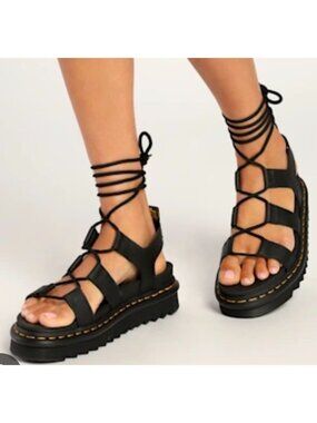 Dr. Martens Nartilla Black Leather Lace Up Gladiator Sandals Size 7.5